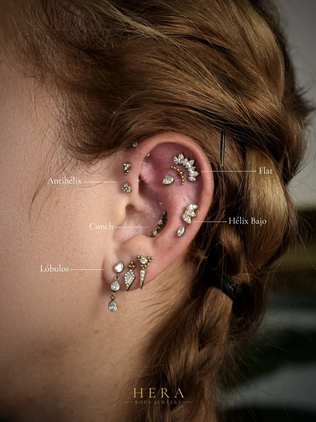 Diseño de oreja con joyería HERA en una oreja real, estudio de Móstoles
