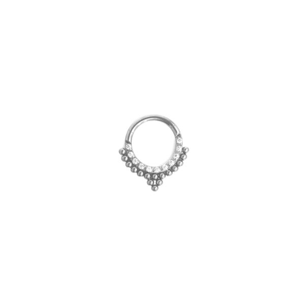 Clicker Frontal Doble Zirconias y Ornamental 3 Bolitas - Blanco y Polished - 1.2x8mm